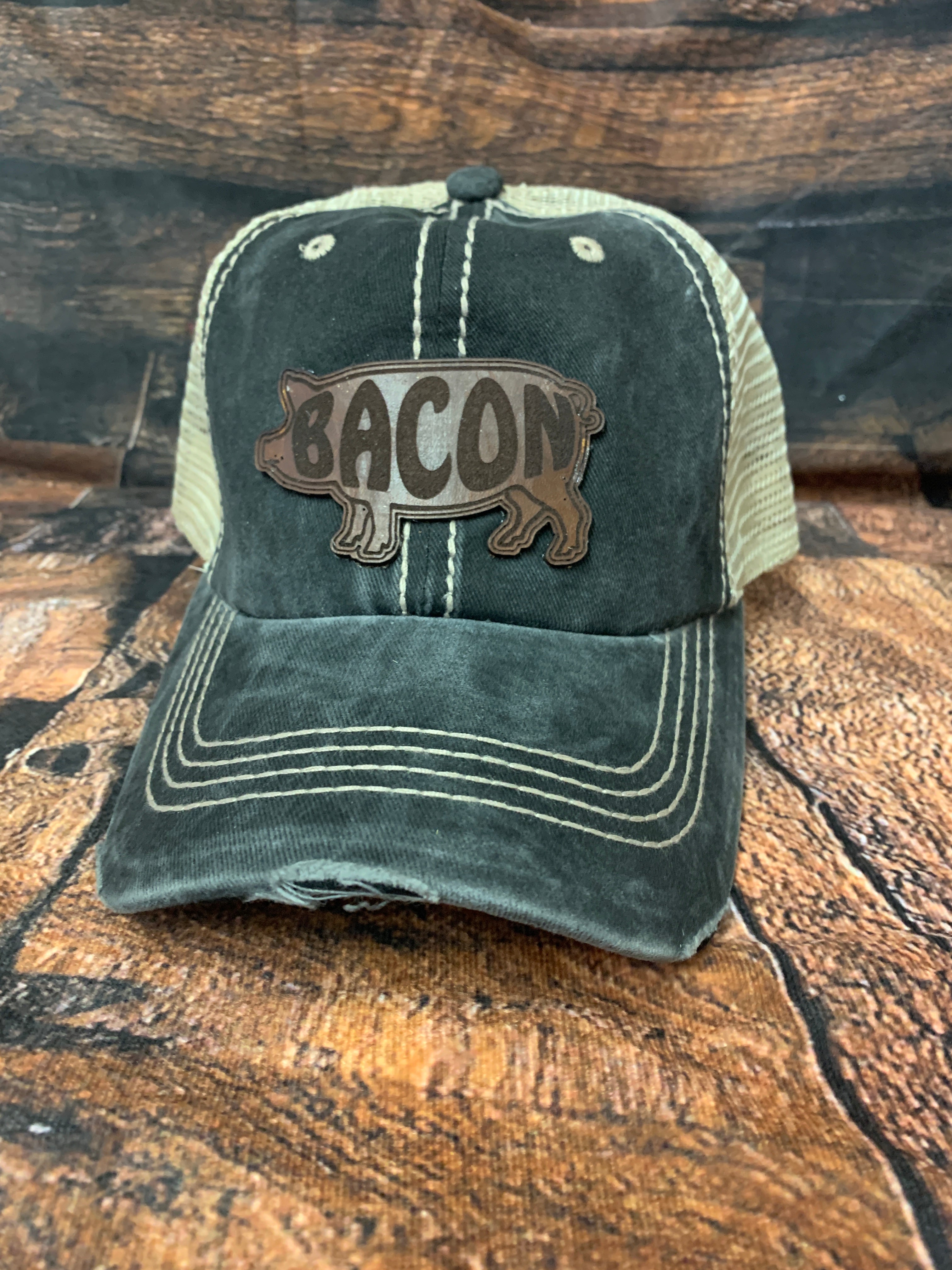 Men's Genuine Leather "Bacon" Patch Distressed Fabric Trucker Hat